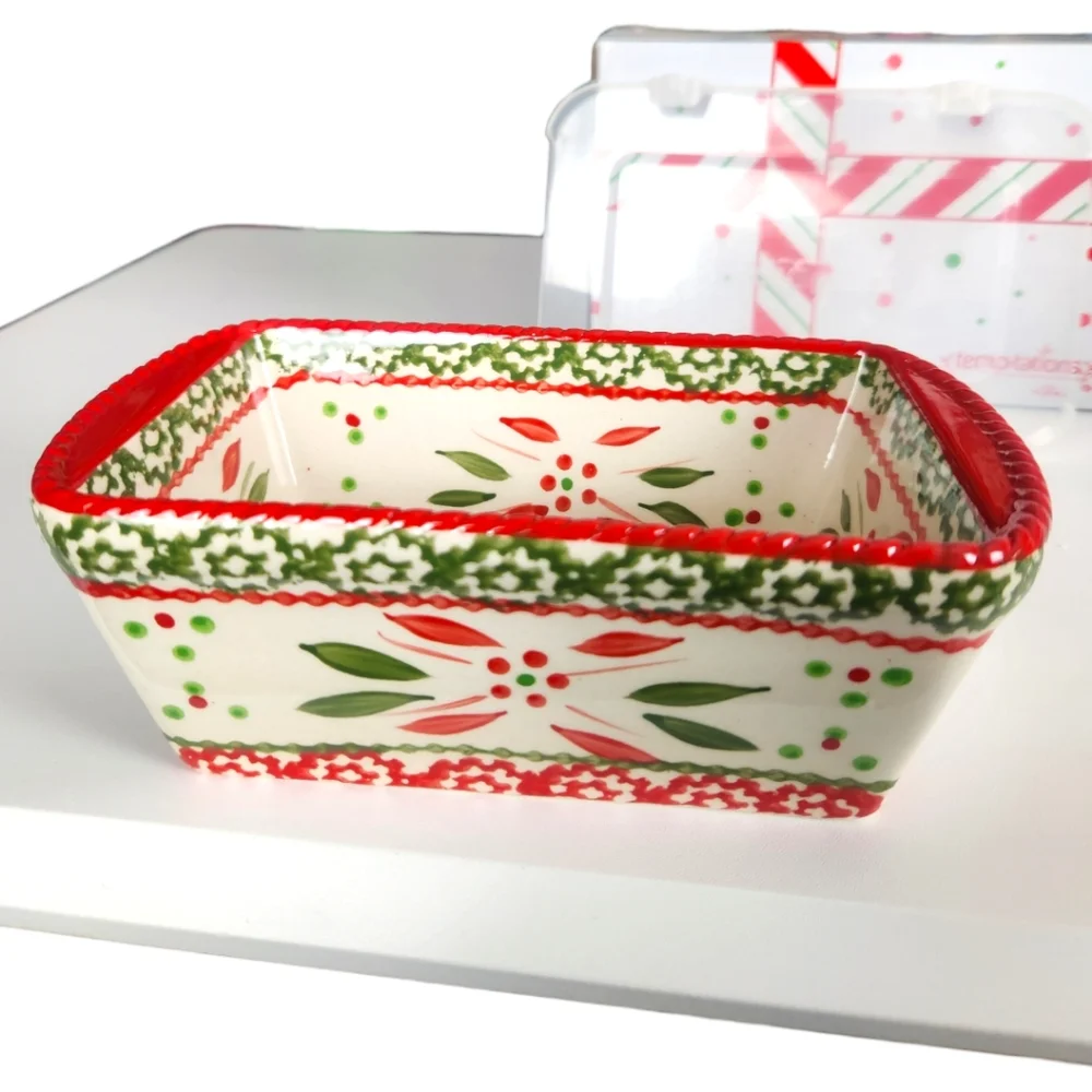 NIB Temptations Ceramic Old World Holiday Floral 12 Oz Mini Loaf Pan Dish